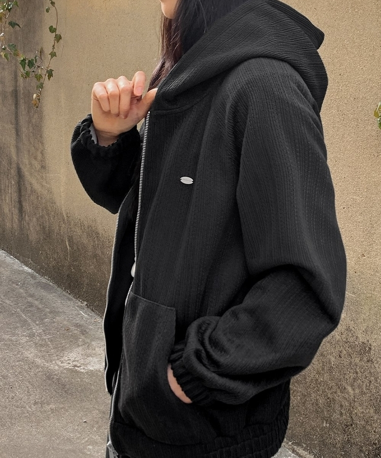 【SET】ラグランフードジップアップ バンディングワイドパンツ BLACK