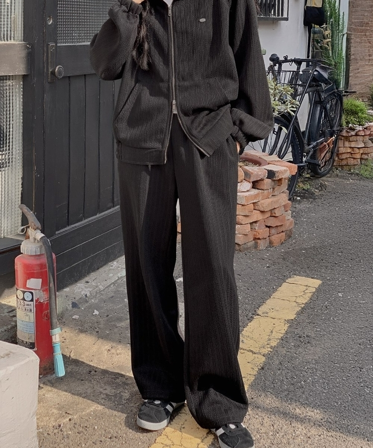 【SET】ラグランフードジップアップ バンディングワイドパンツ BLACK