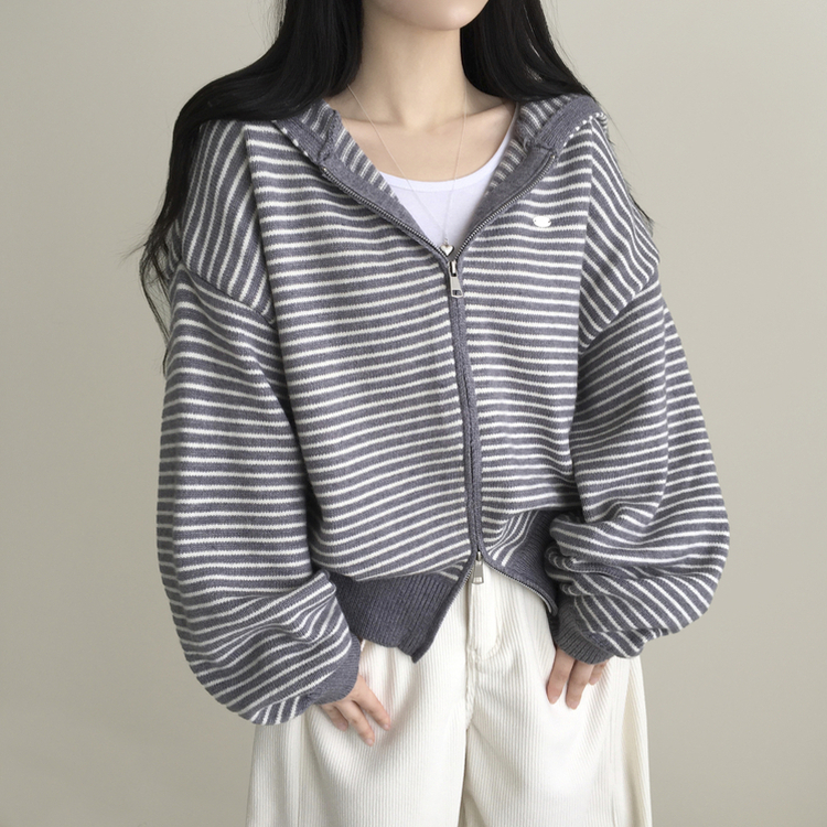 ワッペンポイントストライプフードジップアップ DEEP GRAY