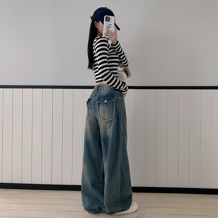 ハイウエストバックポケットワイドデニムパンツ DARK DENIM