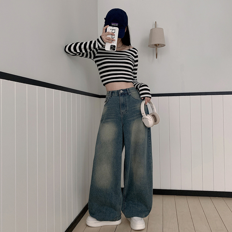ハイウエストバックポケットワイドデニムパンツ DARK DENIM