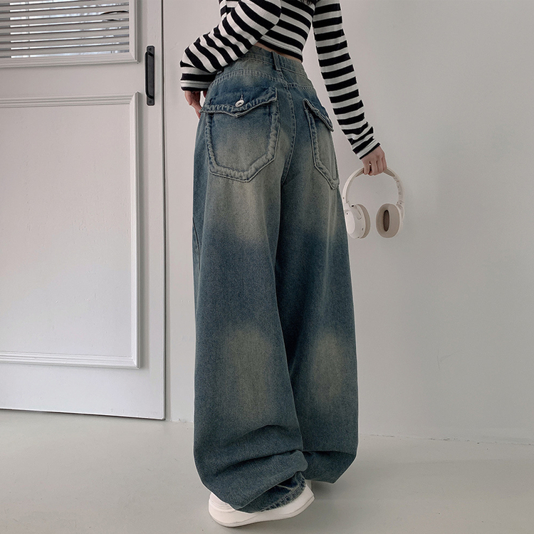 ハイウエストバックポケットワイドデニムパンツ DARK DENIM