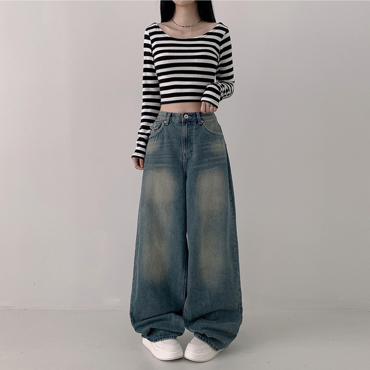 ハイウエストバックポケットワイドデニムパンツ DARK DENIM