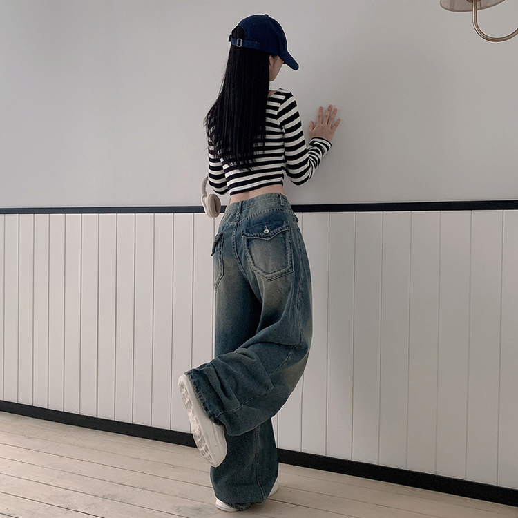 ハイウエストバックポケットワイドデニムパンツ DARK DENIM