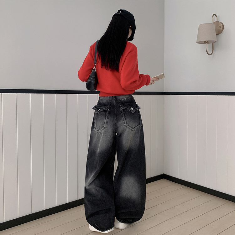ハイウエストバックポケットワイドデニムパンツ BLACK DENIM
