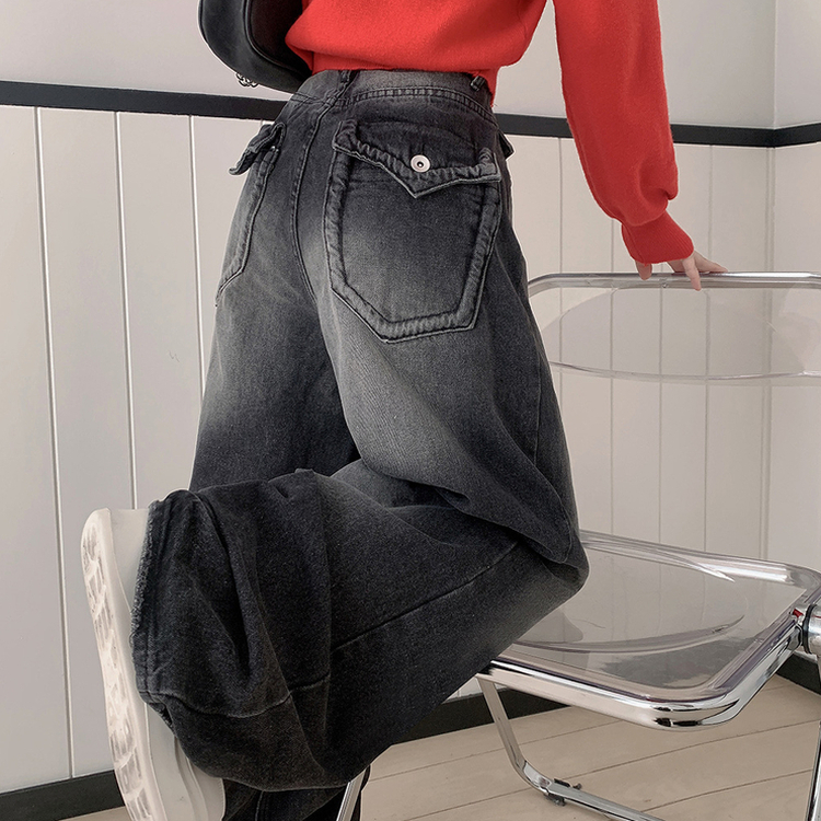 ハイウエストバックポケットワイドデニムパンツ BLACK DENIM