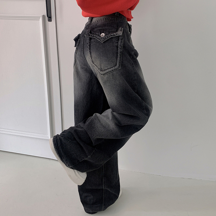 ハイウエストバックポケットワイドデニムパンツ BLACK DENIM