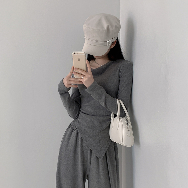 【SET】アンバランス長袖Tシャツ ワイドバンディングパンツ GREY