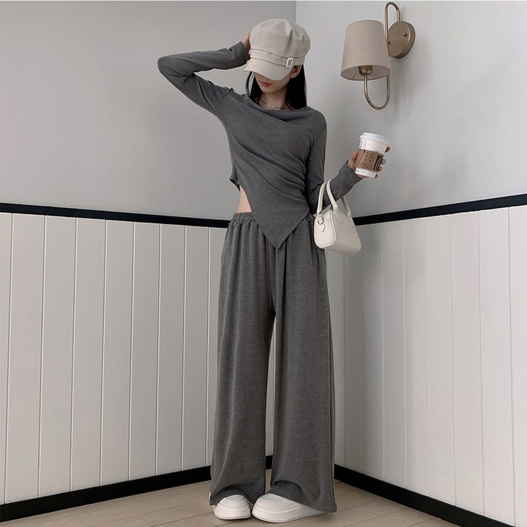 【SET】アンバランス長袖Tシャツ ワイドバンディングパンツ GREY