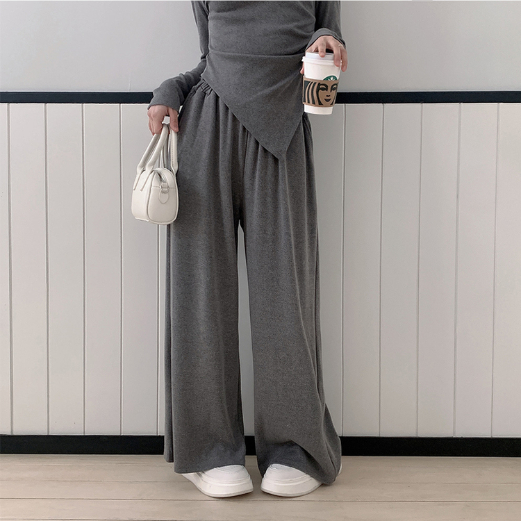 【SET】アンバランス長袖Tシャツ ワイドバンディングパンツ GREY