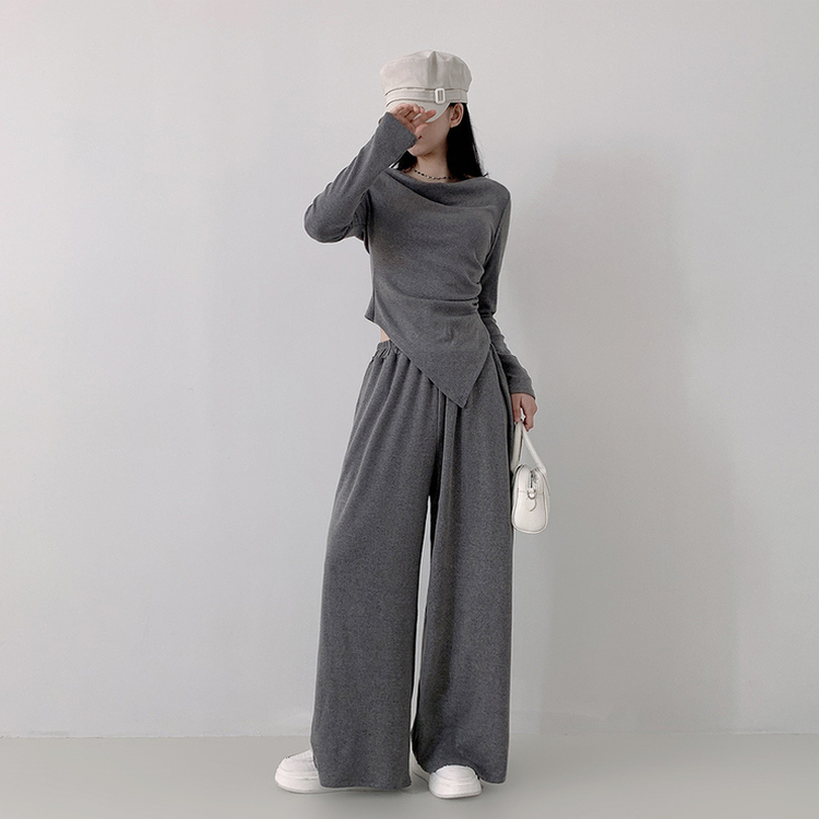【SET】アンバランス長袖Tシャツ ワイドバンディングパンツ GREY