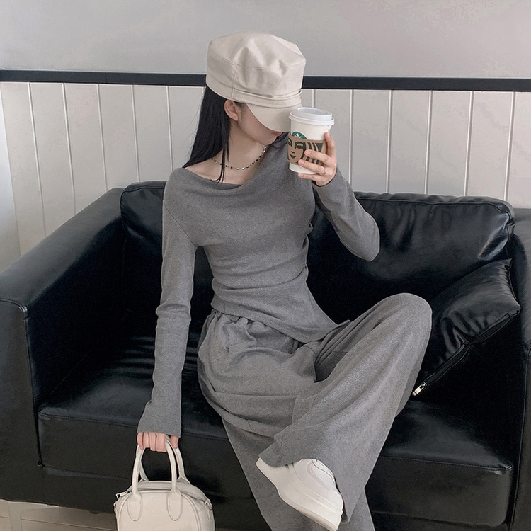 【SET】アンバランス長袖Tシャツ ワイドバンディングパンツ GREY