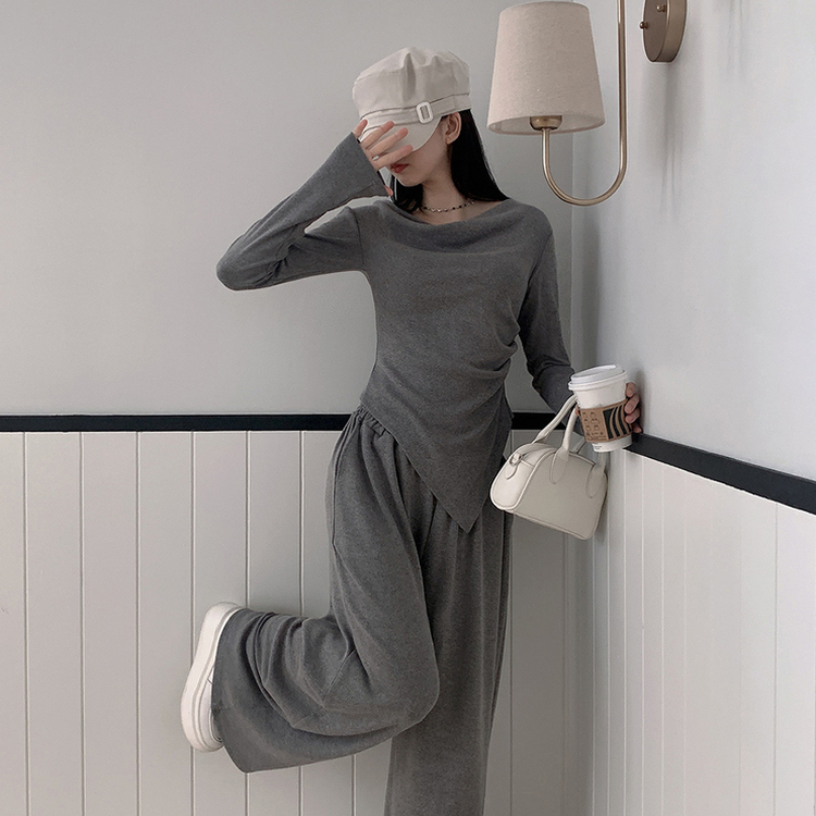 【SET】アンバランス長袖Tシャツ ワイドバンディングパンツ GREY
