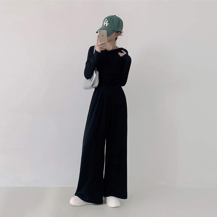 【SET】アンバランス長袖Tシャツ ワイドバンディングパンツ BLACK