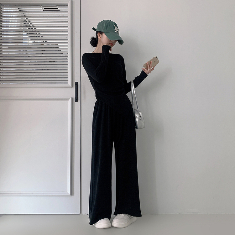 【SET】アンバランス長袖Tシャツ ワイドバンディングパンツ BLACK