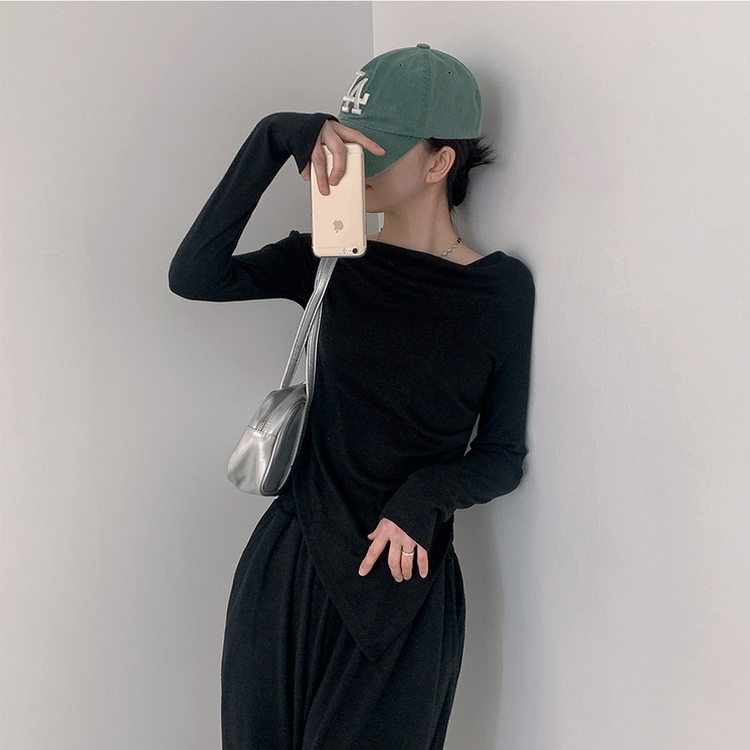【SET】アンバランス長袖Tシャツ ワイドバンディングパンツ BLACK