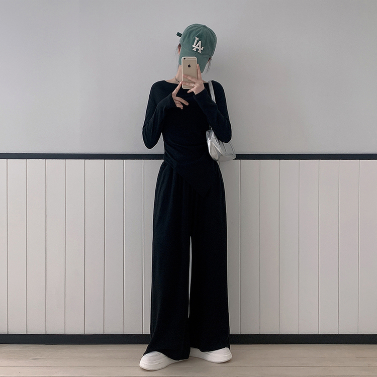 【SET】アンバランス長袖Tシャツ ワイドバンディングパンツ BLACK