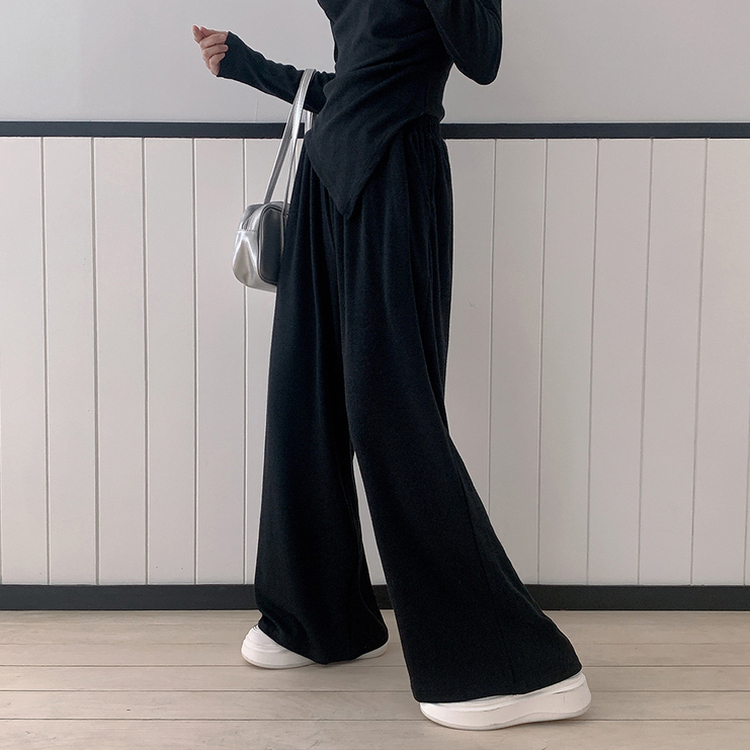 【SET】アンバランス長袖Tシャツ ワイドバンディングパンツ BLACK