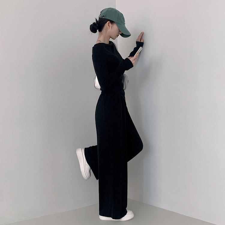 【SET】アンバランス長袖Tシャツ ワイドバンディングパンツ BLACK