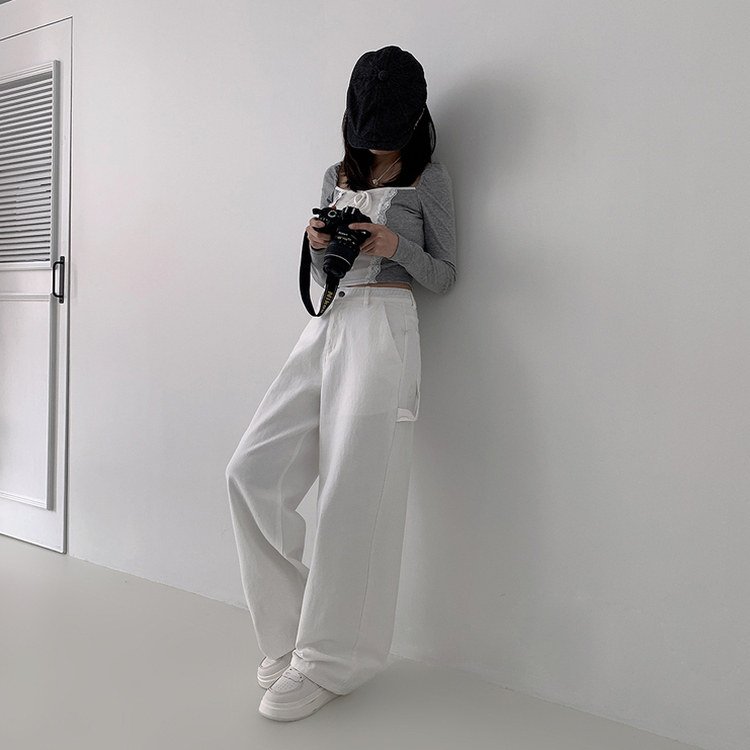 【丈別】ハイウエストカーフェンダーコットンワイドパンツ WHITE