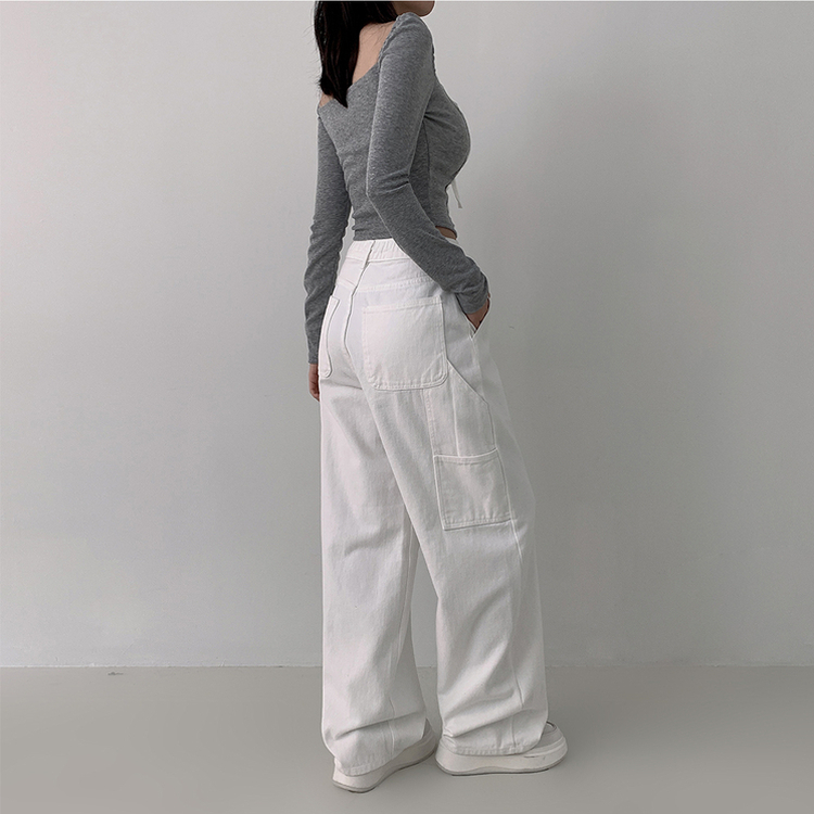 【丈別】ハイウエストカーフェンダーコットンワイドパンツ WHITE