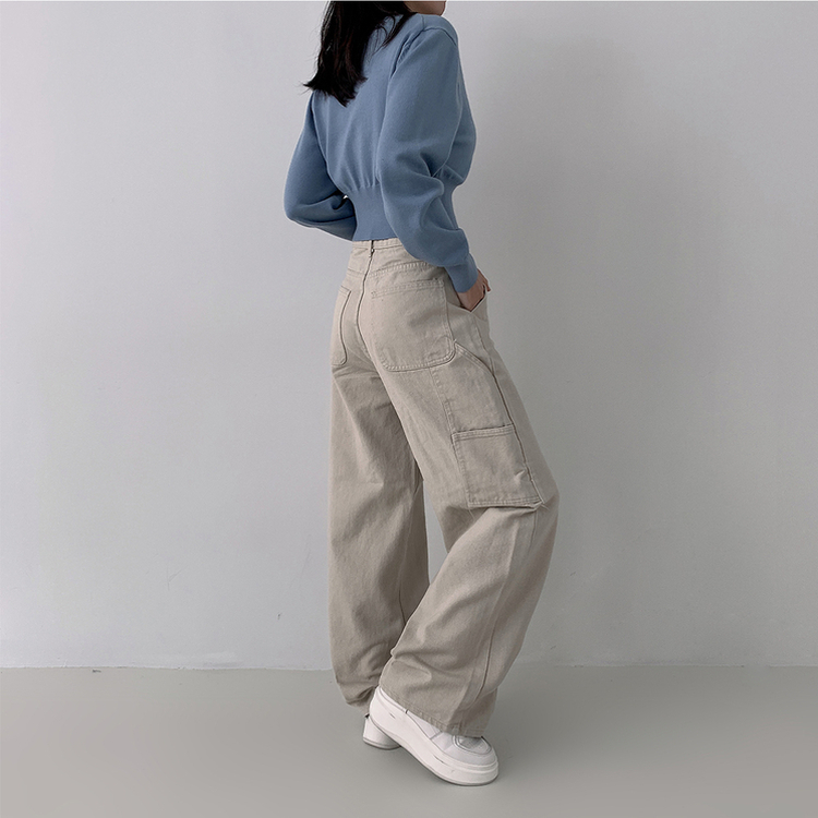 【丈別】ハイウエストカーフェンダーコットンワイドパンツ BEIGE