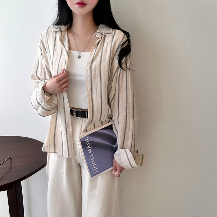 ストライプルーズ長袖シャツ BEIGE