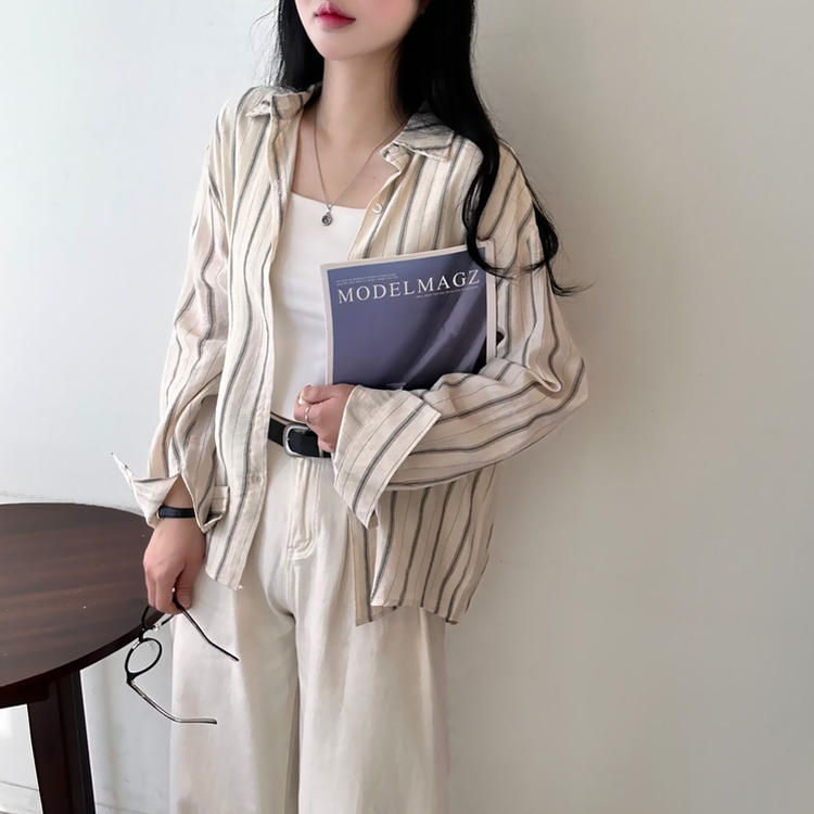 ストライプルーズ長袖シャツ BEIGE