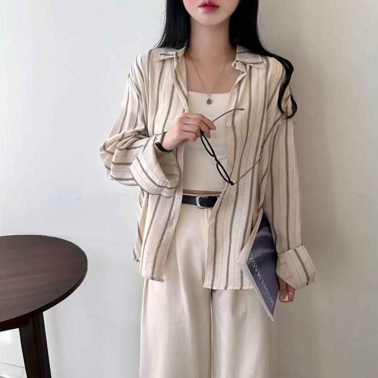 ストライプルーズ長袖シャツ BEIGE