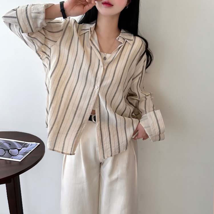 ストライプルーズ長袖シャツ BEIGE