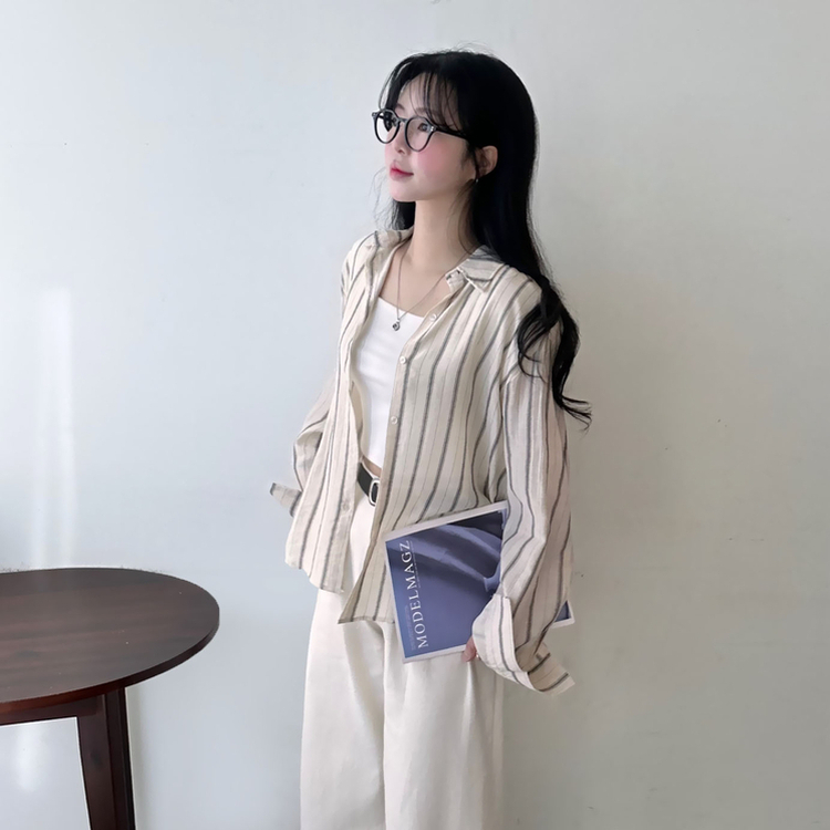 ストライプルーズ長袖シャツ BEIGE