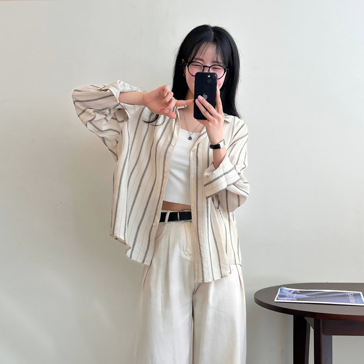 ストライプルーズ長袖シャツ BEIGE