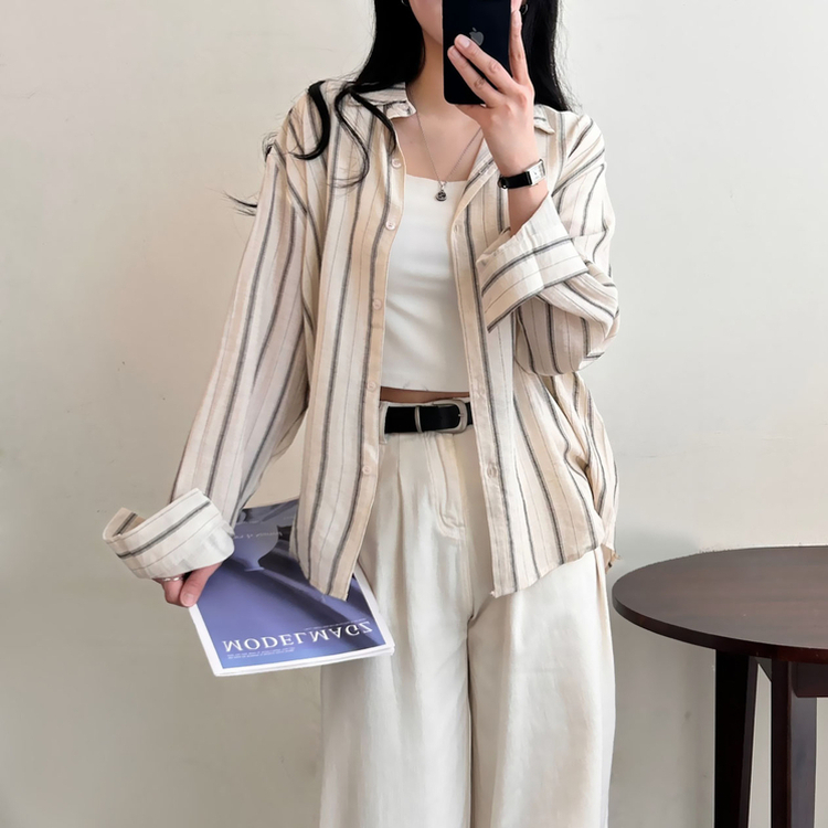 ストライプルーズ長袖シャツ BEIGE