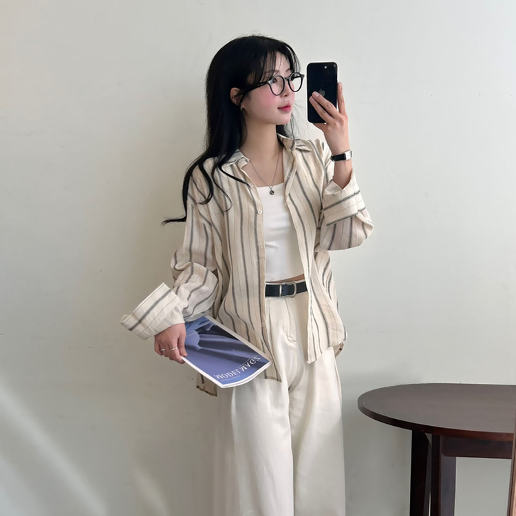 ストライプルーズ長袖シャツ BEIGE