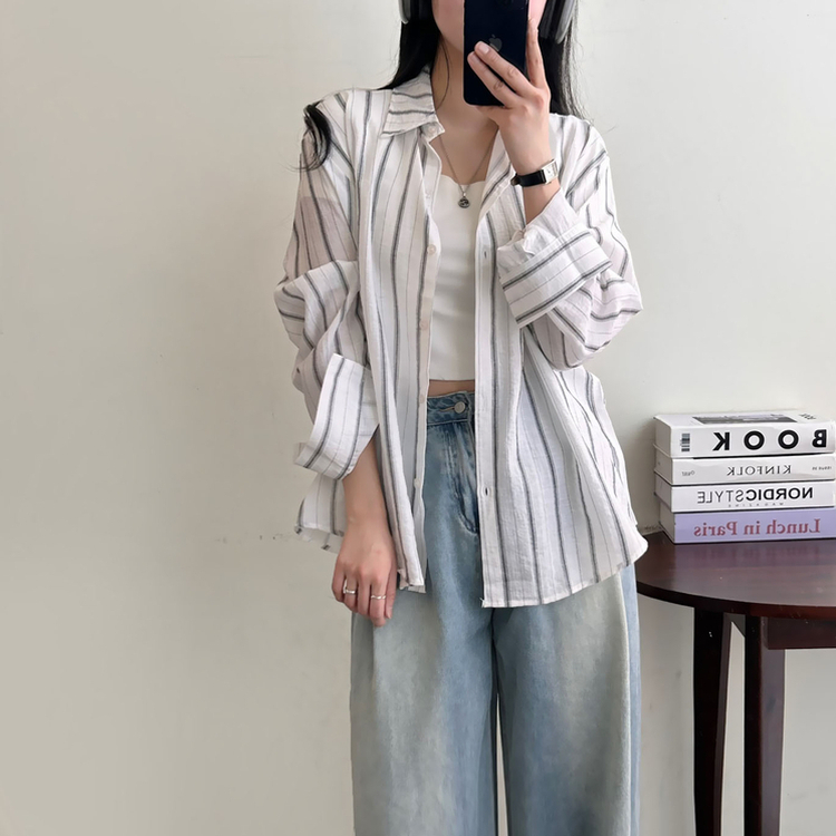 ストライプルーズ長袖シャツ IVORY