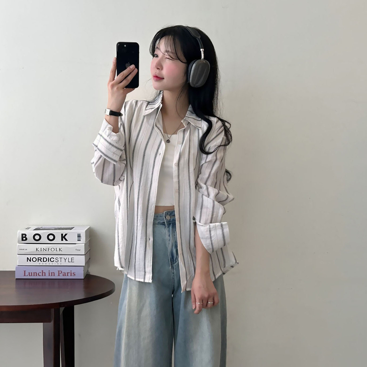 ストライプルーズ長袖シャツ IVORY
