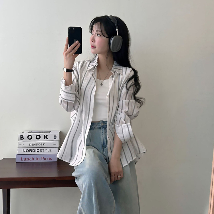 ストライプルーズ長袖シャツ IVORY