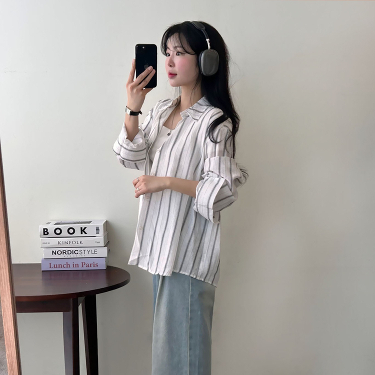 ストライプルーズ長袖シャツ IVORY