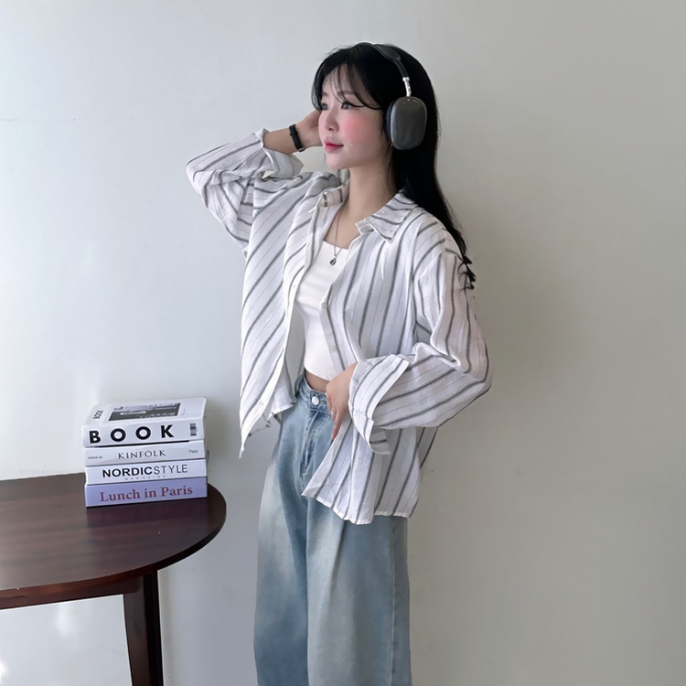 ストライプルーズ長袖シャツ IVORY
