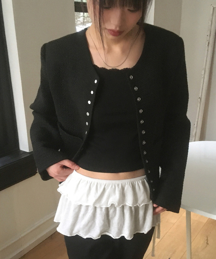 スナップボタンノーカラーツイードジャケット BLACK