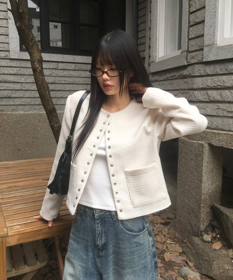 スナップボタンノーカラーツイードジャケット IVORY