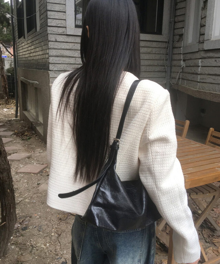 スナップボタンノーカラーツイードジャケット IVORY