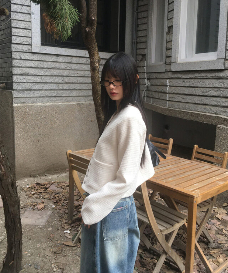 スナップボタンノーカラーツイードジャケット IVORY