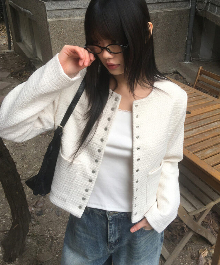 スナップボタンノーカラーツイードジャケット IVORY