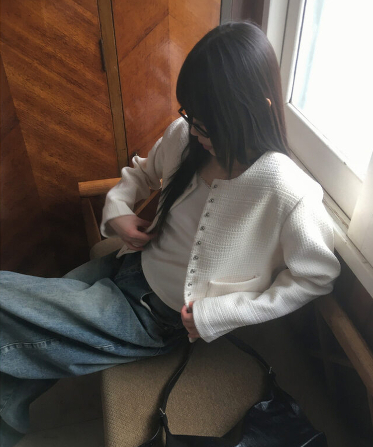 スナップボタンノーカラーツイードジャケット IVORY