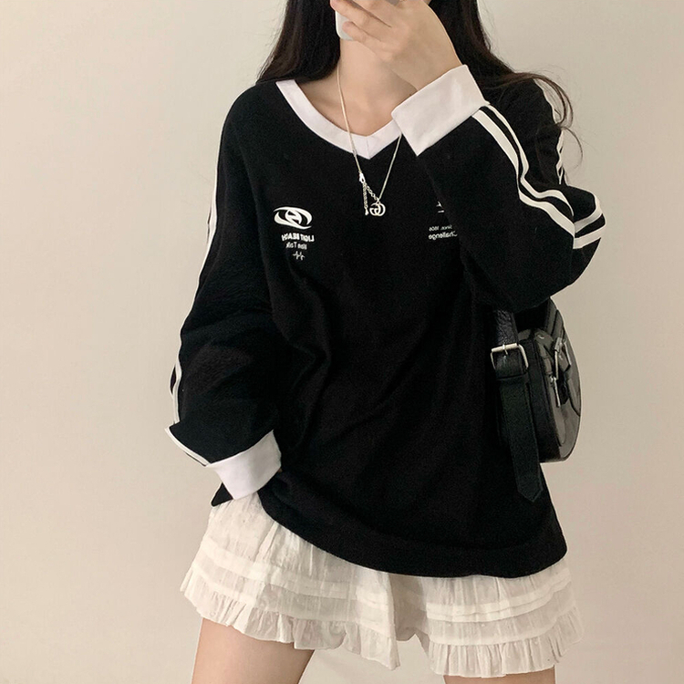 トラックラインルーズ長袖Tシャツ BLACK