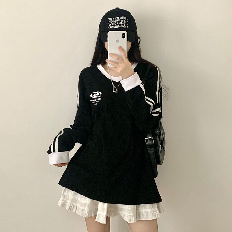 トラックラインルーズ長袖Tシャツ BLACK