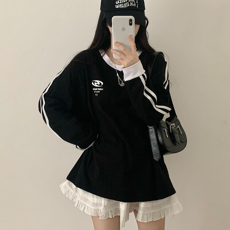 トラックラインルーズ長袖Tシャツ BLACK