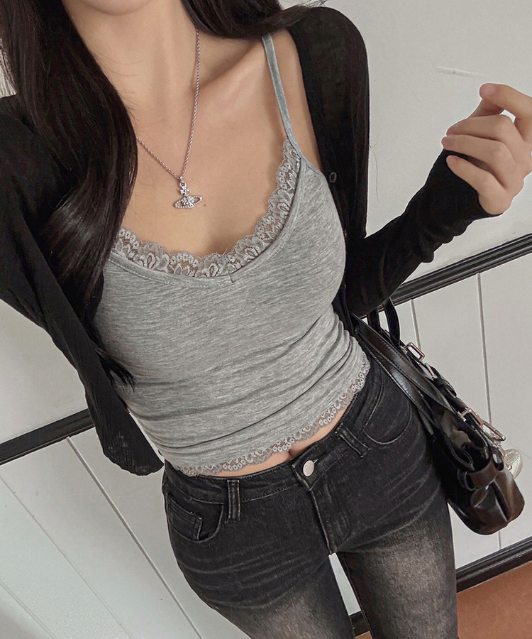 Vネックレイヤードクロップキャミソール GREY