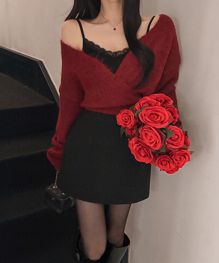 Vネックレイヤードクロップキャミソール BLACK